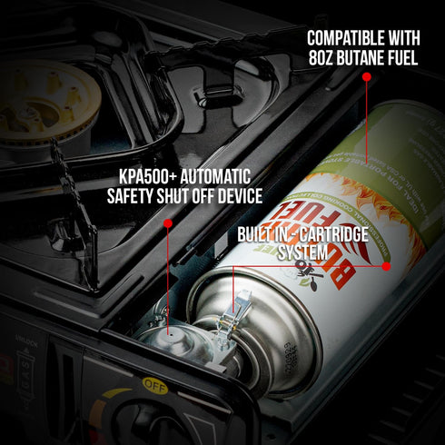Jo Chef Portable Butane Camping Stove - 9,500 BTU Gas Stove for Camping/Road Trips, Includes Windshield, CSA Certified