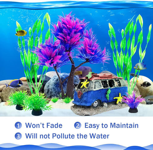 6PCS Fish Tank Aquarium Decorations, Plastic Plants with Resin Cave Rock for Fish Hideout (Purple Set)