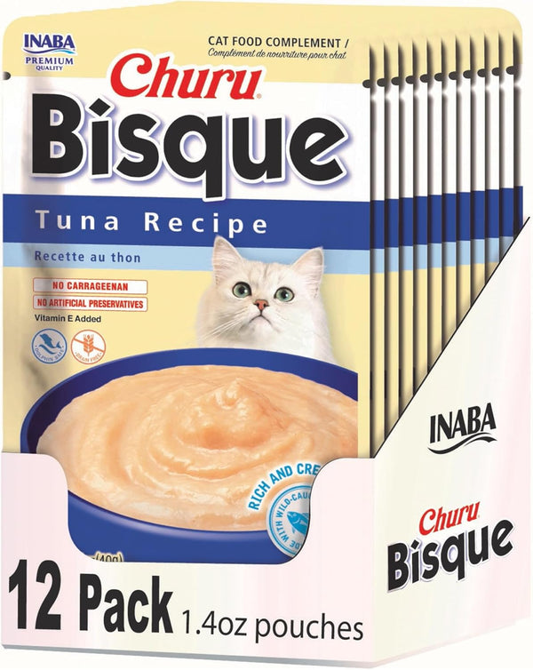 INABA Churu Bisque for Cats, Tuna Recipe, 1.4 ounces per Pouch, 12 Pouches, Creamy Lickable Purée with Vitamin E