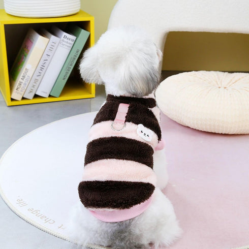 Dog Winter Warm Clothing Striped Vest with Cute Little Bear Pattern Plush Sweater (Black Pink, Medium)