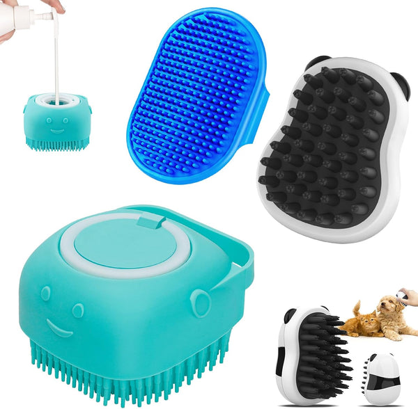 3PCS Dog Bath Brush, Shampoo Brush with Adjustable Ring Handle for Short and Long Haired Dogs and Cats (Blue)