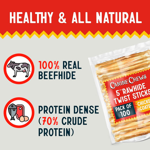 5" Pack 100 100% Canine Chews Chicken Coated Sticks - of Chicken Wrapped Rawhide Dog Treats - Real USA-Sourced Chicken