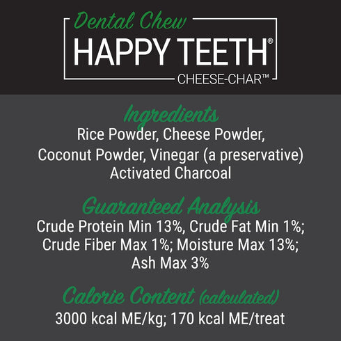 Happy Teeth Cheese & Charcoal Dental Dog Chews - Cheese Flavor with Activated Charcoal, 2 Chews per Pouch