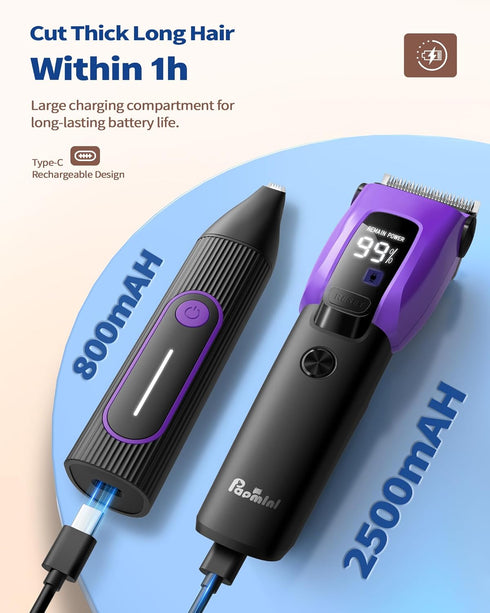 Trimmer 2 1) PAPMINI Dog & Cat Grooming Kit for Thick Coats, Heavy Duty Rechargeable with LED Display & Storage Bag