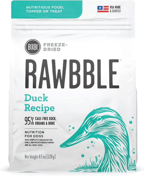 BIXBI Rawbble Freeze Dried Dog Food, Duck Recipe, 4.5 oz - 95% Meat and Organs, No Fillers, USA Made