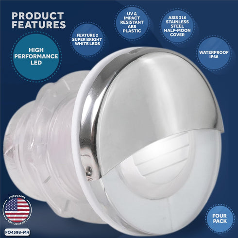 Five Oceans 4 Pack Marine Livewell Lights, LED Boat Courtesy Light, IP68 Waterproof, White LED, 12V