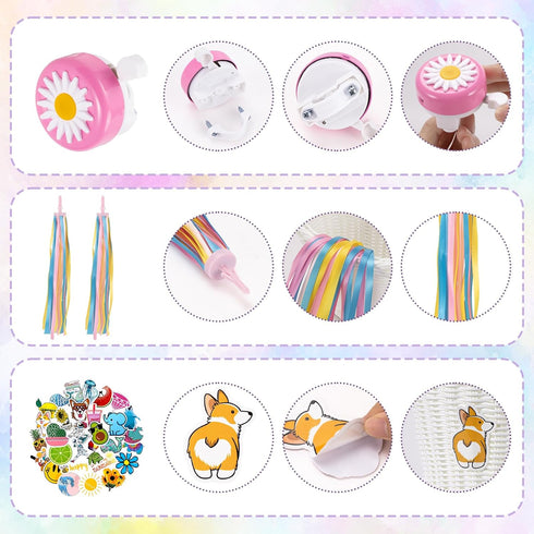 Kids Bike Basket, Woven Front Accessories for Boys & Girls with Stickers, Bell, Windmill, Ribbons
