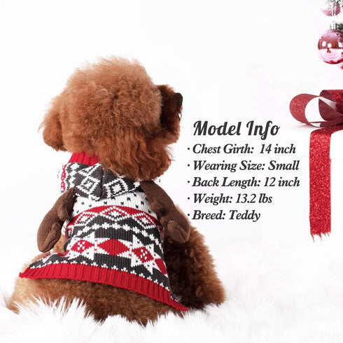 KYEESE Dog Christmas Sweater Hoodie with Leash Hole, Reindeer Snowflake Red Knitwear for Small Dogs, M