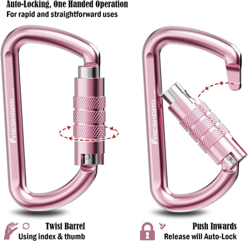 FresKaro 3inch Auto Locking Carabiner Clips, Heavy Duty Keychain Aluminum, Holds 2698lbs, Lightweight, 4 Colors