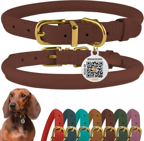 BronzeDog Rolled Leather Dog Collar with QR ID Tag - Adjustable Soft Round Collars for Small Medium Large Dogs Puppy