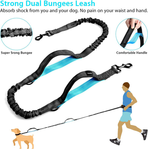Hands Free Dog Running Leash with Zipper Pouch - Dual Handle, Elastic Bungees for Medium and Large Dogs