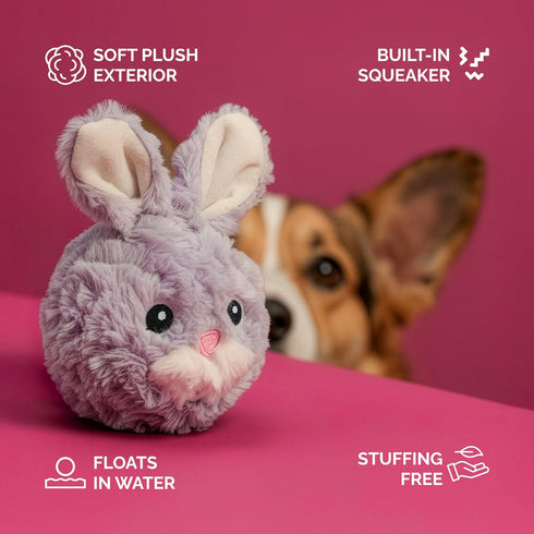 4 Inch Pet Lou Squeaky Rabbit Dog Plush Toy, Stuffing-Free Soft Plush, Durable Bouncy Squeaker Ball, Floats in Water