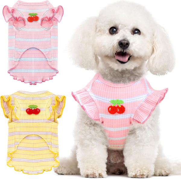 2 Pack Striped Small Dog T Shirt, Cute Cherry Girl Dog Clothes for Small Dogs Cats, Soft Cotton Sleeveless Vest