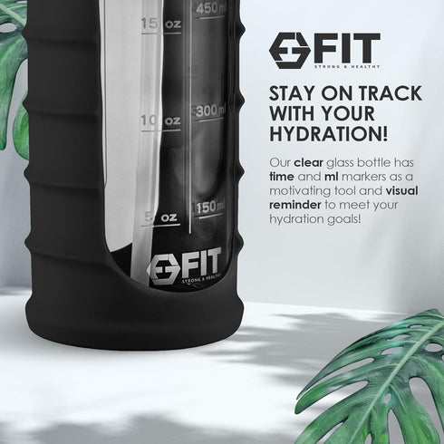 32 oz 1L FIT Strong & Healthy Glass Water Bottle with Straw Lid - Wide Mouth Borosilicate Glass Water Bottles with Time