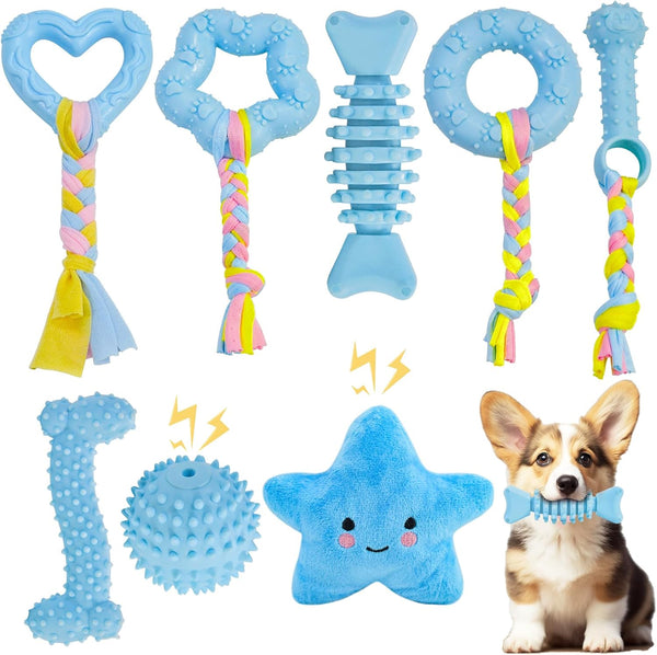 Puppy Toys, 8 Pack Teething Chew Toys Set, Cute Blue Soft Durable Interactive Toys for Small Dogs