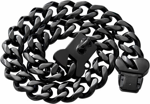 Cuban Black Link Heavy Duty Dog Collar, 10inch-26inch Wide Stainless Steel Luxury ID Name Tag Necklace