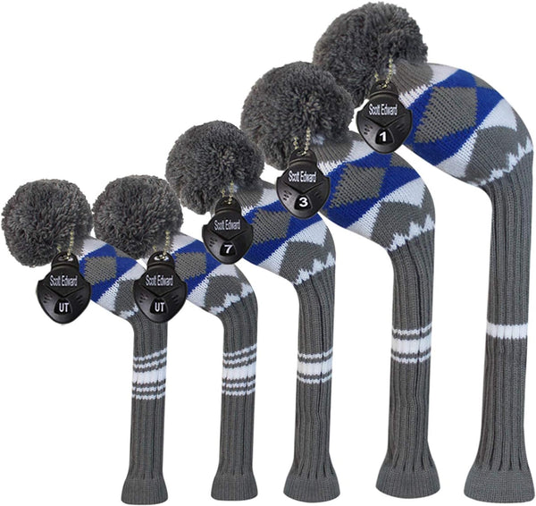 Scott Edward Knit Golf Club Cover Set - 5 Head Covers for Woods and Driver with Rotating Tags