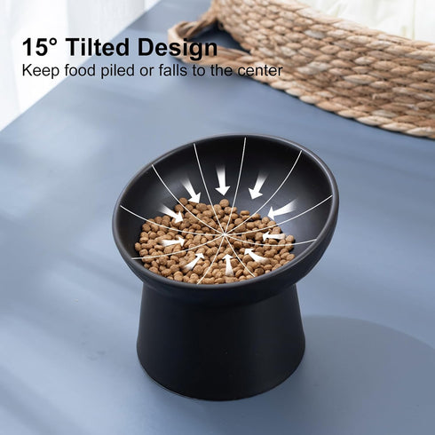Elevated Cat Bowl Black, Tilted Angle Ceramic Food and Water Bowls for Cats and Small Dogs, 8 Ounces