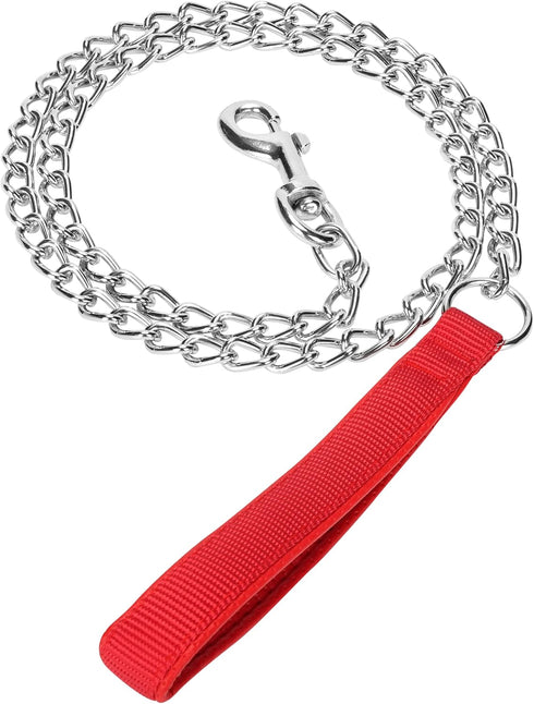 Metal Chain Heavy Duty Dog Leash, Chew Proof with Soft Handle for Large & Medium Pets, 4 ft. x 3.0 mm, Red