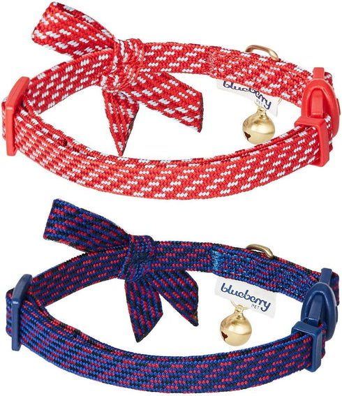 Blueberry Pet 2-Pack Breakaway Cat Collar with Bell & Bowtie, Adjustable Polyester Kitten Collars for Boys & Girls,