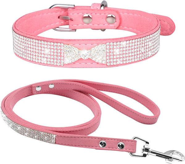 Cute Dazzling Soft Suede Leather Bling Rhinestone Pet Collar and Leash Combo Set (XS, Neck 8-10, Pink-3)