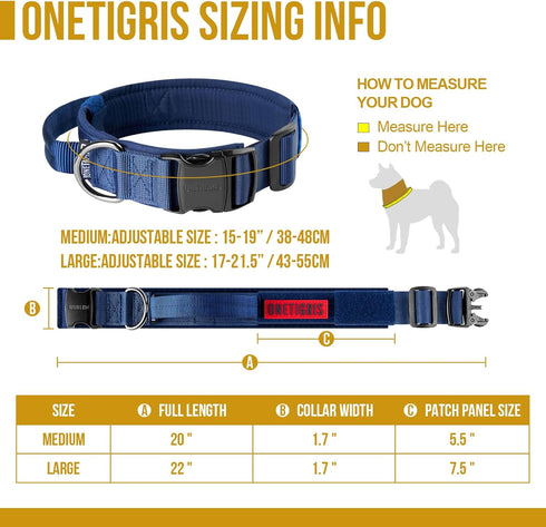 Tough Dog Collars, Tactical Adjustable Dog Collar with Handle, Heavy Duty Metal Buckle for Training, Medium, Blue
