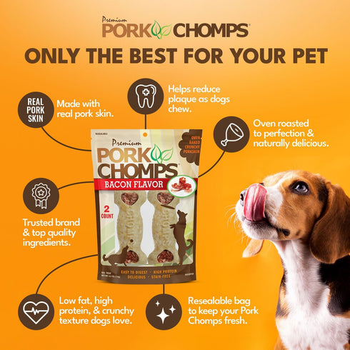 4-inch 2 Count (Pack 2) Pork Chomps Dog Chews, Crunchy Bones, Bacon Flavor