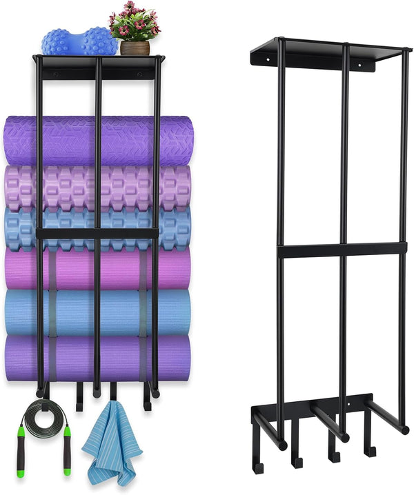 Yoga Mat Holder Wall Mount, Home Gym Accessories Organizer with 4 Hooks for Hanging Foam Roller and Bands