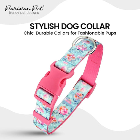 Parisian Pet Dog Collar - Adjustable “Spring Blossoms” Pattern Pink Buckle Safety Collar for Small Dogs - Breathable