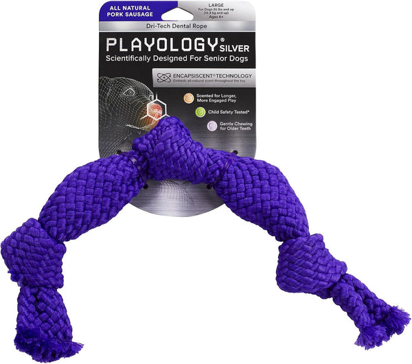 Playology Silver Dri-Tech Dental Rope Dog Toy for Large Senior Dogs (35lbs and Up) - All-Natural Pork Sausage Scented