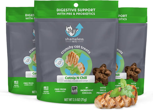 Shameless Pets Crunchy Cat Treats - Catnip Treats with Real Chicken, Digestive Support, 3-Pk
