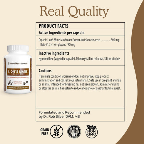 Wellbeing 120 Count Real Mushrooms Lions Mane Pet Mushroom Supplement Pet Capsules for Cat & Dog Supplement & Vitamins