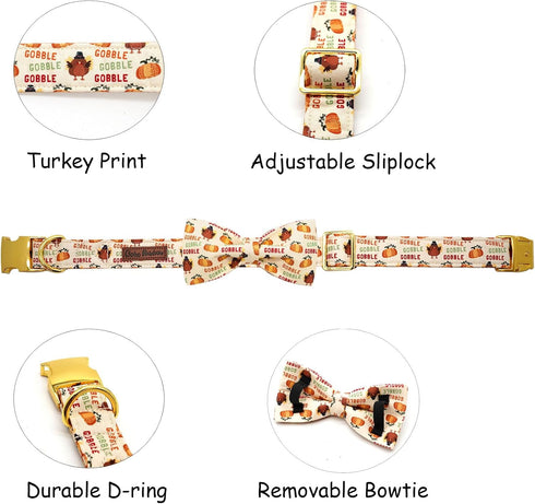 Dog Collar, Thanksgiving Dog Collar Turkey Pet Collar Bow Holiday Dog Collar Bows Girl Boy Bow Dog Collar Puppy Collar Adjustable Dog Collar for X-Large Dogs
