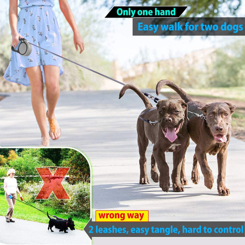Double Retractable Dog Leash for Two Dogs Up to 50 lbs Per Dog - 16 ft Coupler Dog Leashes for Small Medium Dogs - One