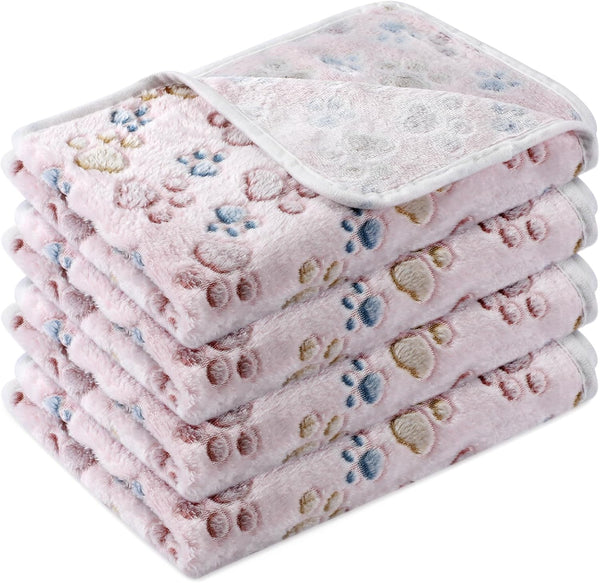 4 Pcs Pet Blanket, Dog Puppy Blanket, Paw Print Fleece Blanket for Small Medium Pet, Warm Soft Sleep Mat, Large (41 x