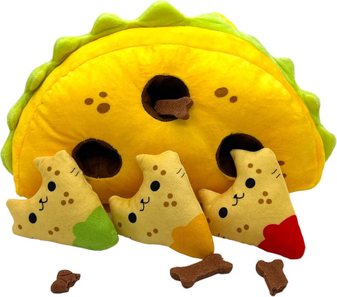 Mister Taco Cat Dog Toy Funny Cute Mexican Food Stuffed Chew Toy with Puzzle Treat Compartments and Reattachable Covers