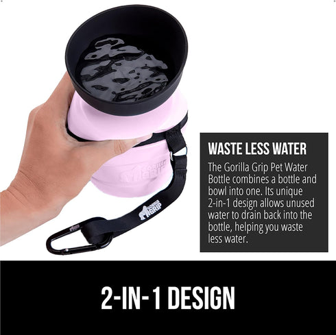 GORILLA GRIP Dog Water Bottle, 12 oz Portable Leak Proof Dispenser for Dogs, Pink Silicone Travel Bowl for Hiking