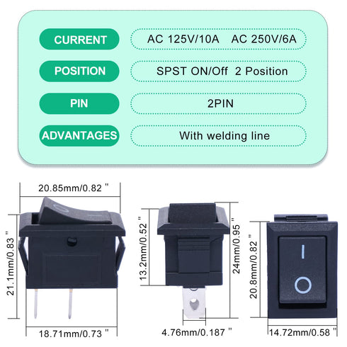 Twidec 10Pcs Rocker Switch - AC 6A/250V SPST 2 Pins ON/Off Car Boat Toggle with Pre-soldered Wires