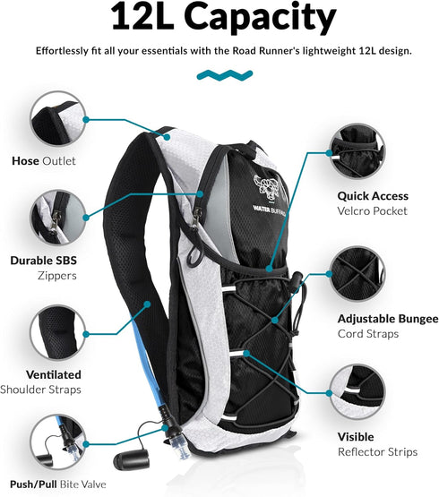 Water Buffalo Hydration Backpack - Lightweight Pack with 2L Water Bladder for Hiking, Running, Biking, Raves