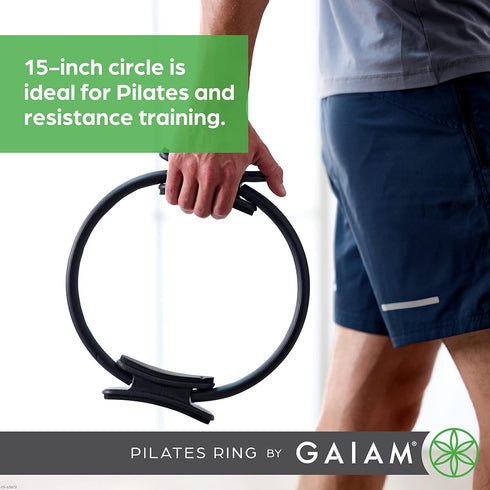 Gaiam Pilates Ring 15" Fitness Circle with Foam Padded Handles for Toning Arms, Thighs & Core, Black