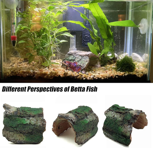 Betta Log Resin Hollow Tree Trunk Ornament, 4 Pcs Aquarium Hideout and Reptile Cave Decoration
