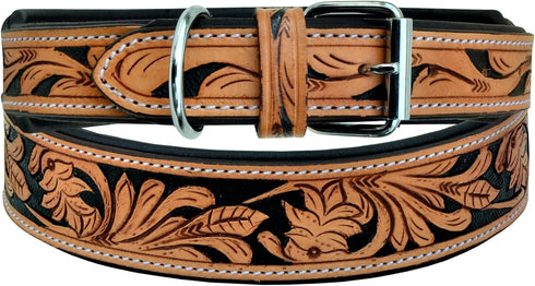 AffilareLeather Dog Collar, Western Style, Heavy Duty Hand Tooled, Adjustable Padded for Puppies and Big Dogs