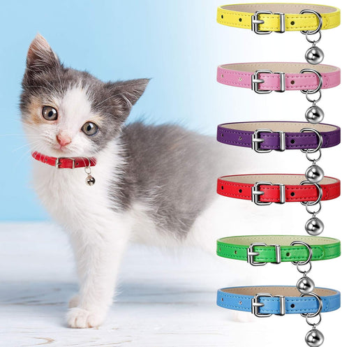 Weewooday 6 Pieces Leather Cat Collar with Bell, Cute Pet Kitten Collar for Boy Girl Cats, Safety Elastic Strap for
