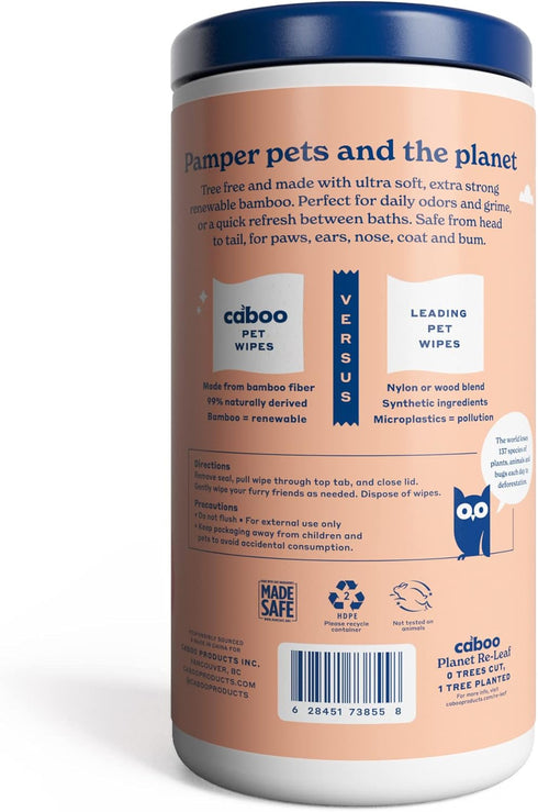 Caboo Tree Free Pet Wipes for Dogs & Cats, Natural Deodorizing Hypoallergenic Cleaning Wipes, 2 Canisters, 140 Jumbo