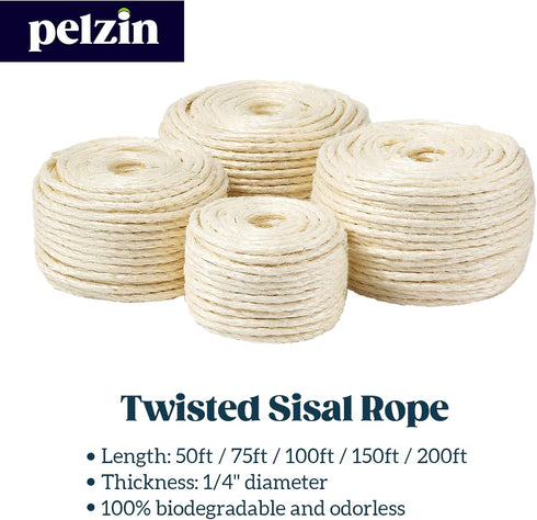 Pelzin Natural Sisal Rope for Cat Scratcher, 1/4 Inch by 50 Feet, Replacement Twine for Cat Tree, Scratch Post, DIY