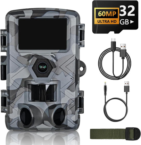 LANTOOCAM Trail Camera, 60MP Hunting Camera with WiFi, 32GB TF Card, Night Vision,