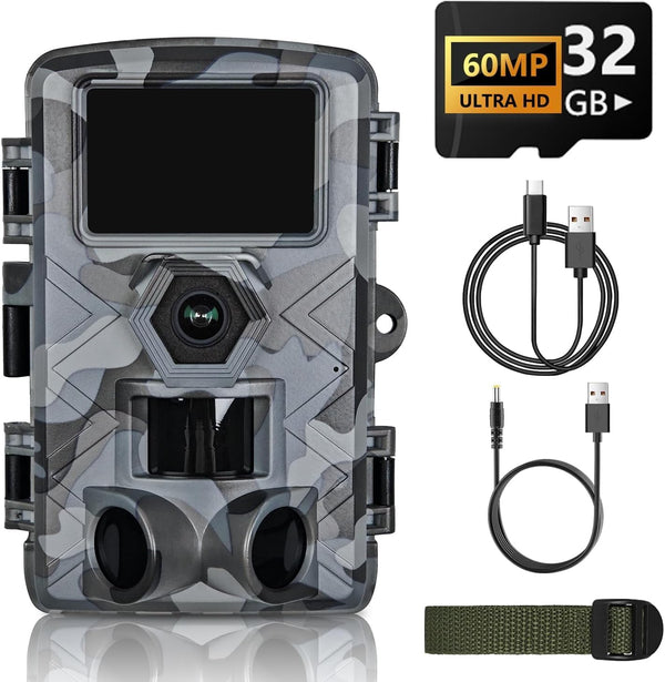 LANTOOCAM Trail Camera, 60MP Hunting Camera with WiFi, 32GB TF Card, Night Vision,