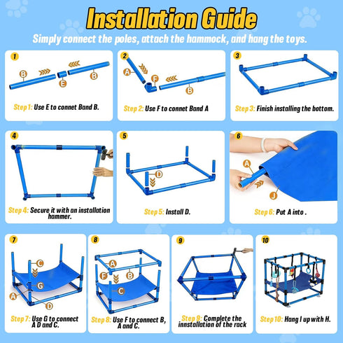 Bullro 8 Hammock Blue Puppy Play Gym with Hanging Toys, Dog Jungle Gym Indoor with and Funny Enrichment Toys, PVC Frame