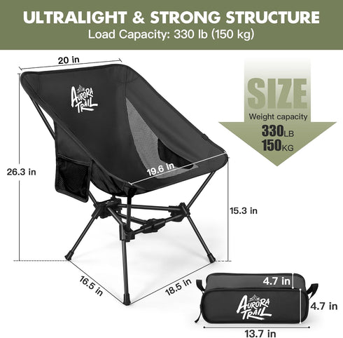 AuraroTrail Backpacking 2.7 lb, 330 lb, 7075 AuroraTrail Ultralight Camping Chair Only Supports Compact Folding Outdoor