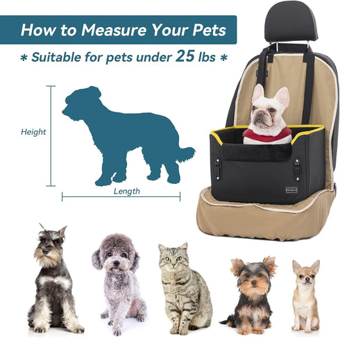 PETSFIT Portable Small Dog Car Seat with Patent Safe Buckles and Clip-On Leash, Suitable for Pets Up to 25lbs (Black)